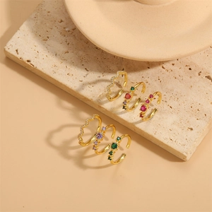 Bague Ajustable Ouverte Cuivre Plaqué Or 14K Ondulée Géométrique Zircone Colorée Bijoux De Mode Minimaliste Pour Femmes