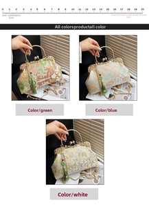 Detailed view of three vintage jacquard embroidered bags with jade tassels and metal handles