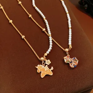 Asymmetric Pendant Necklace 18K Gold Plated Copper Zircon Imitation Artificial Pearl Heart Pegasus Luxury Clavicle Chain Women