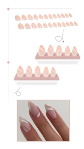 Detail view of 24 pieces of almond-shaped press-on nails with white line art design