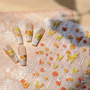 5D embossed nail art stickers with yellow butterflies and orange roses for 3D manicures
