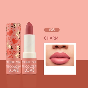 Lipstick swatch #05 Charm featuring a matte dusty rose finish with waterproof texture