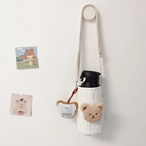 Korean INS Style Quilted Cotton Water Bottle Sleeve Bag With Adjustable Strap Embroidered Animal Bear Rabbit For Kids