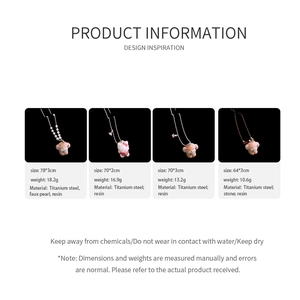 Detailed spec sheet showing cartoon puppy pendants with pearl and titanium steel chains