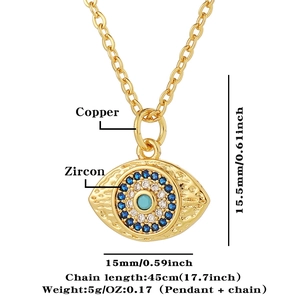 Detail view of Evil Eye pendant dimensions 15.5mm x 15mm with 45cm chain length
