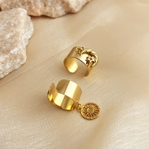 Vintage 18K gold plated stainless steel sun and moon pendant rings in celestial style
