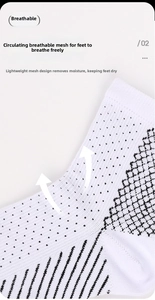 Macro detail of breathable mesh knit and moisture-wicking fabric on white sports socks