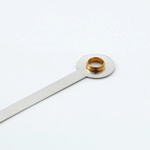 Minimalist silver metal clock hands with brass copper sleeves on a white background
