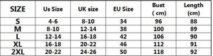 Maattabel voor damesjurk met uitsnijding en plooien in US UK EU maten