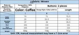 Size chart showing S-L measurements for the brown faux suede vest with polyester material