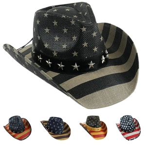 Cappello da Cowboy in Paglia Occidentale per Uomo Donna Tesa Larga Carta Intrecciata Cappello da Sole Con Turchese Stella Bandiera USA Decorativo Cappello da Festa