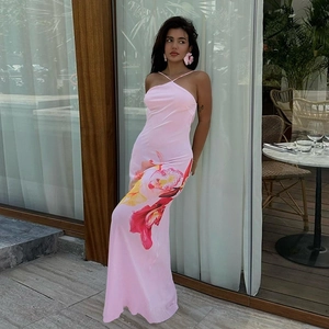 Women Pink Orchid Floral Print Halter Backless Maxi Dress Sexy Slim Fit Polyester Spandex Summer Vacation Long Dress