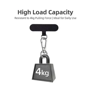 Adjustable black phone lanyard tether tab with metal hook supporting 4kg weight load