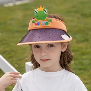 Outdoor summer sun visor for kids featuring a cute orange cartoon frog and purple mesh brim