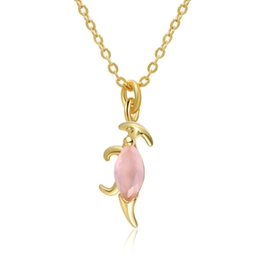 Detail view of 18K gold plated necklace with a marquise cut pink gemstone pendant