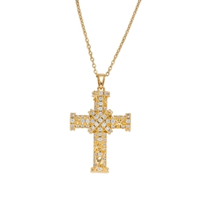 Luxury gold cross necklace with micro-paved zircons and star planetary details