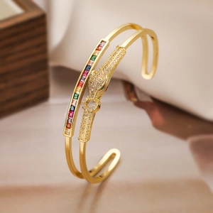 Leopard Head Open Bangle Bracelet Copper Micro Pave Cubic Zirconia Multicolored Geometric Hip Hop Luxury Fashion Jewelry