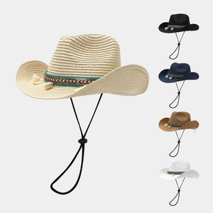 Bohemian Straw Cowboy Hat With Shell Tassel Breathable Wide Brim Sun Protection Adjustable Chin Strap Beach Vacation Western