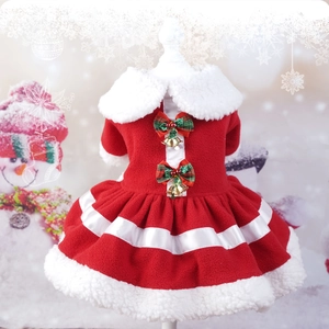 Festivo vestito natalizio per cani in pile rosso con bordo in pelliccia e campanelli