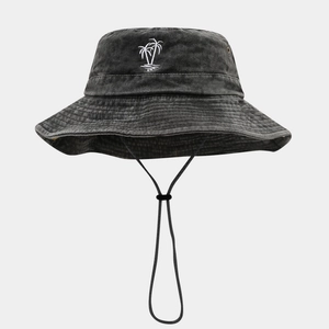 Dark grey washed cotton sun hat with palm tree embroidery and adjustable chin strap