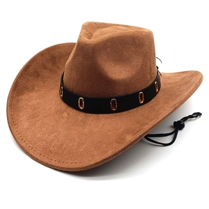 Brown faux suede jazz fedora hat with gold metal buckles and adjustable wind rope