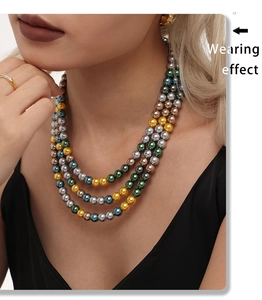 Detailed view of triple-layered colorful 8mm pearl necklace with vintage satin finish