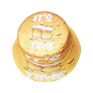 Yellow beer bucket hat with bubble print and It's Time text for summer festivals