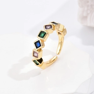 Gold plated open ring featuring multi-color rectangular cubic zirconia in rainbow style