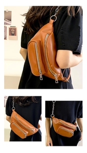 Brown leather belt bag shown from front, back and side views with chain strap details