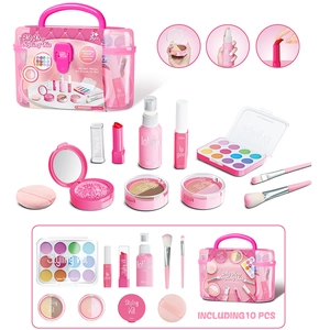 Pink pretend play makeup toy set with 10 plastic cosmetic accessories for girls
