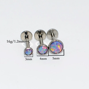 G23 titanium labret studs with fire opal inlay in 3mm 4mm and 5mm diameter sizes