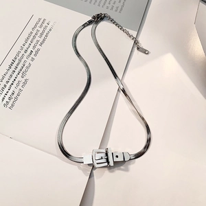Detailed macro view of silver stainless steel snake chain and belt buckle pendant
