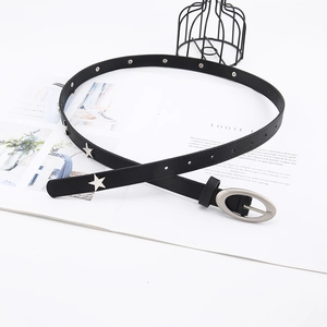 Women Skinny Belt Faux Leather With Star Rivets Oval Pin Buckle Harajuku Punk Style Waistband Accessory For Jeans Black