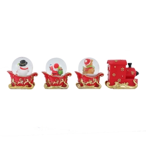Set of 4 Christmas ornaments featuring snowman, Santa, and bear crystal balls and a train