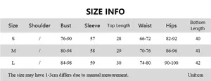 Size chart for floral print long sleeve top and drawstring skirt set with measurements in cm