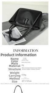 Detailed view of black PU leather tote bag with product specifications and internal structure