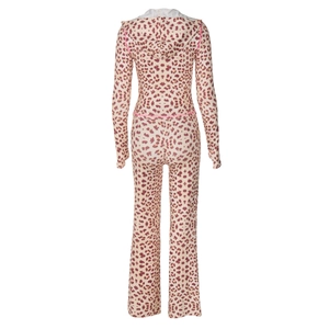 Rear view of red leopard print hooded tracksuit set with flare trousers on white background
