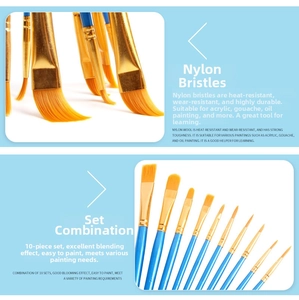 Detail of 10-piece art paint brush set with orange nylon bristles and blue handles