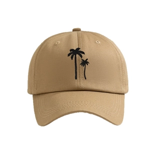 Khaki cotton baseball cap with black coconut tree embroidery and adjustable strap