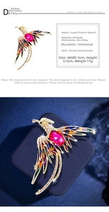 Detail of crystal phoenix brooch featuring 3A rhinestones and a pink oval gemstone