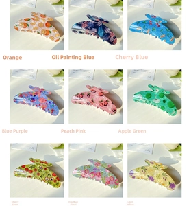 Collage of nine floral and fruit pattern resin hair claws for women in various colors