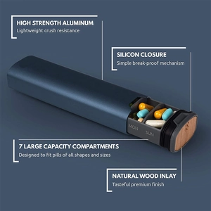 7-day aluminum alloy pill organizer with deep blue finish and natural wood lids