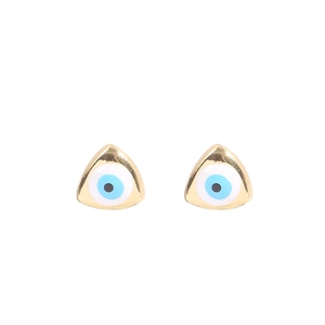 Triangle Evil Eye stud earrings in polished gold finish with blue enamel detail