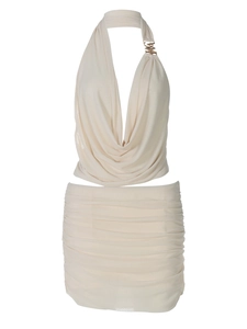 Sexy beige two-piece outfit featuring deep V-neck mesh top and ruched mini skirt