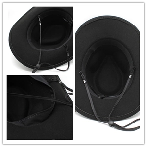 Chapeau fedora en laine noire à large bord pour homme avec mentonnière réglable noire