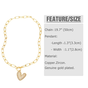 Detailed size specifications for heart pendant necklace with 50cm chain and zircon inlay