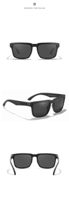 Three-view display of matte black polarized sports sunglasses with dark gray lenses