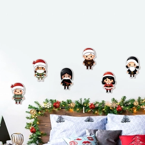 Cartoon Christmas wall stickers set with Santa Claus and elves for home festive decoration