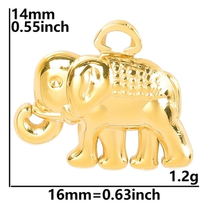 Detailed view of a gold elephant pendant with dimensions 14mm height and 16mm length