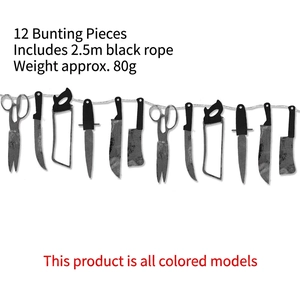 Macro detail of 12 bloody weapon tools on Halloween banner including saw and knife